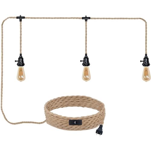 Triple Plug in Pendant Lights with Cord Hanging Lamp Kit with Switch 23 Ft Long Hemp Rope Farmhouse Pndant Light Cord Lighting Fixture Kits DIY Hanging Light