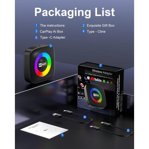 Wireless Carplay Adapter for iPhone Ai Box with Netflix/YouTube Supports TF/Card Dongle Plug and Play Easy Setup Carplay & Android Auto Video Entertainment for iOS 10  and Cars After 2015 Car