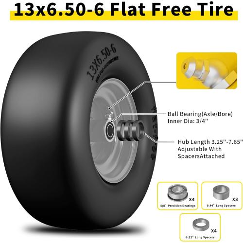 13x6.50-6 Lawn Mower Tires Flat Free, Zero Turn Mower Front Tires for Residential and Commercial, 13x6.5-6 Flat Free Tire and Wheel, 3/4 & 5/8 Bearing, 3.25-7.65 Center Hub, 2Pack Gray