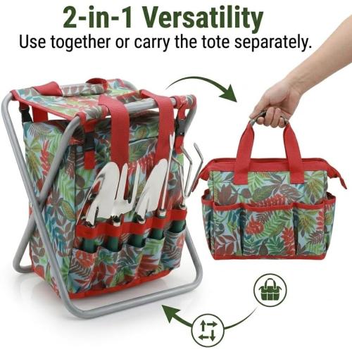 7-piece Garden Tool Set with Tote and Folding Stool Seat