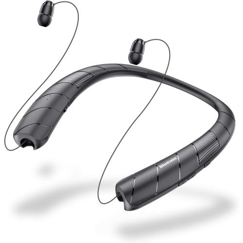 Neckband Bluetooth Headphones Speaker 2 in 1，Wireless Wearable Speaker with Retractable Earbuds, 3D Stereo Sound, Portable Speaker and Headset w/Bulit in Mic for Home, Office and Outdoors