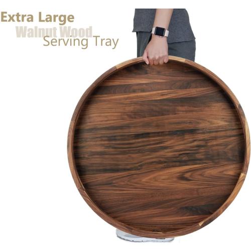 26 Inches Extra Large Round Black Walnut Wood Ottoman Tray with Handles, Serve Tea, Coffee, Classic Circular Wooden Decorative Serving Tray