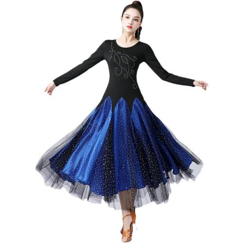 size14 Black -Women Rhinestones Long Sleeve Ballroom Dance Dress Performance Modern Dance Large Swing Dresses.