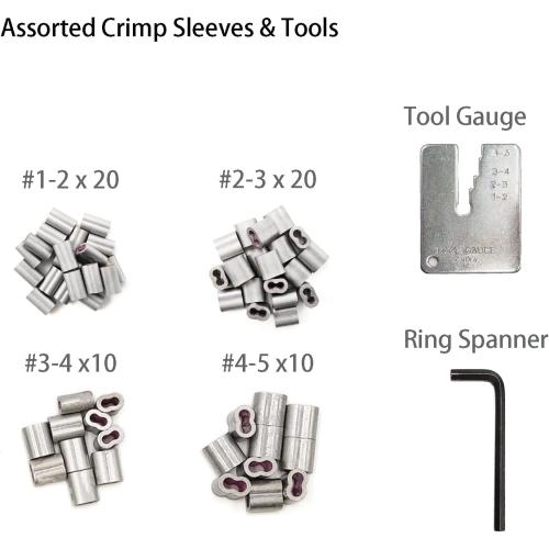 FenceMate 4 Slot Crimping Swaging Tool Kit to Join High Tensile Steel Wires, Ropes with 4 Sizes Assorted Sleeves, Spanner & Gauge Tool, 18 Hand Crimper Swager for Splicing Wires, Crimp wrench