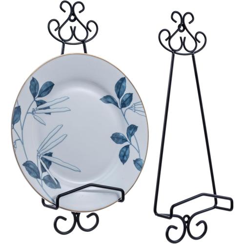 MyGift Set of 2 Vertical Hanging Collectible Plate Holders, Wall Mounted Matte Black Metal Wire Vintage Scrollwork Display Racks, Holds 8 to 11 Inch Plates