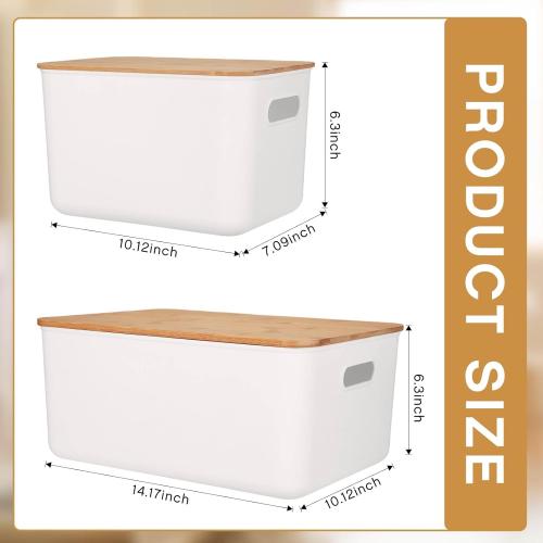 Suzile 6 Packs Plastic Storage Bins with Bamboo Lids Christmas Stackable Storage Containers for Xmas Decoration Ornaments Document Paper Organizing, with Labels and Marker(Multiple Size)