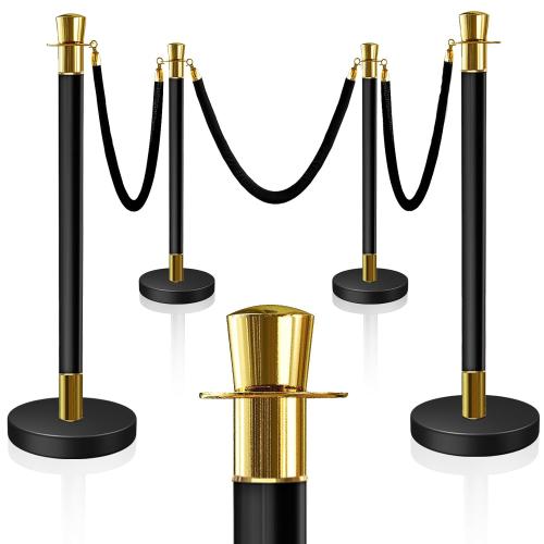 4PCS Top Crown Decoration Black-Gold Stanchions Posts with 3PCS 5 ft Black Velvet Rope, Red Velvet Rope Stanchion Set Crowd Control Barriers, Stanchions and Velvet Ropes Red Carpet Poles for Party ‼️used‼️