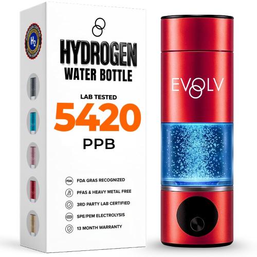 EVOLV Hydrogen Water Bottle Generator – SPE & PEM Water Ionizer 5.4PPM, Highest H2 Concentration – Portable 8oz Hydrogenated Water Bottle – Leak-Proof Hydrogen Water Machine, Easy to Use – Crimson