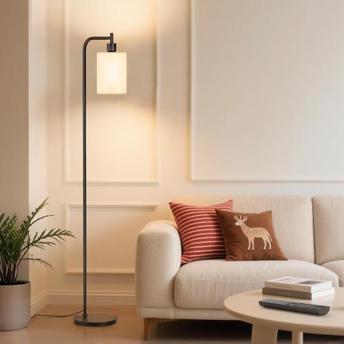 Floor Lamp with Linen Shade, Dimmable Tall Standing Lamp with Remote Control & 3 Color Temperatures, Modern Floor Lamps for Living Room Bedroom Office Corner, 9W LED Bulb Included