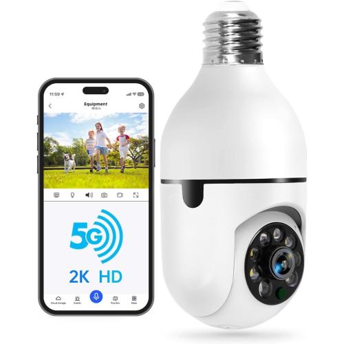 WESECUU Light Bulb Security Camera -5G& 2.4GHz WiFi 2K Security Cameras Wireless Outdoor Motion Detection and Alarm,Two-Way Talk,Color Night Vision,Human Detection, Bulb Camera Compatible with Alexa
