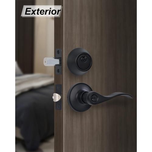 Lanwandeng Keyed Alike Front Door Lever Lockset with Single Cylinder Deadbolt Combination Set, All Keyed Same Exterior Door Handle with Lock and Deadbolt, Matte Finished