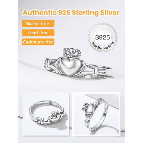 Bestyle 925 Sterling Silver Ring for Women, Minimalist Claddagh Ring Celtic Knot Ring for Women, Irish Promise Wedding Band, Gold/Rose Gold Vermeil Women Band Ring, Stackable, Gift for Her