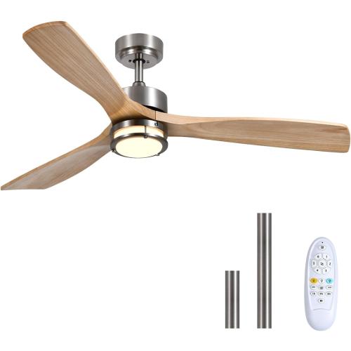 52 Inch Ceiling Fans with Lights and Remote Control, 3 Blade Ceiling Fan with Light for Bedroom Living Room Indoor Outdoor Patio, Reversible, 3CCT, Dimmable, Noiseless DC Motor, Nickel & Natural Wood