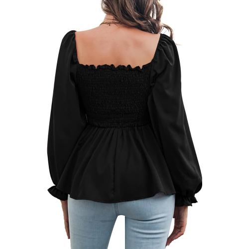 Size XL Vrtige Women's Square Neck Shirred Ruffle Hem Long Sleeve Blouse Shirt Peplum Top
