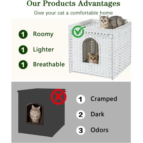 SETVSON Cat Litter Box Enclosure Furniture, Large PE Rattan, White | Large PE Rattan Kitty House fits Large Litter Boxes, Top Fence, Included Litter Mat, 2 S-Hooks, Sturdy Metal Frame
