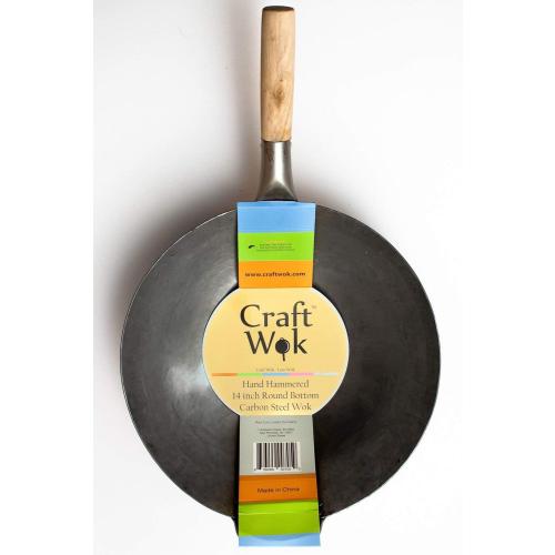 Craft Wok Traditional Hand Hammered Chinese Carbon Steel Wok with Wooden and Steel Helper Handle (14 Inch, Round Bottom Pow Wok Pan) / 731W88