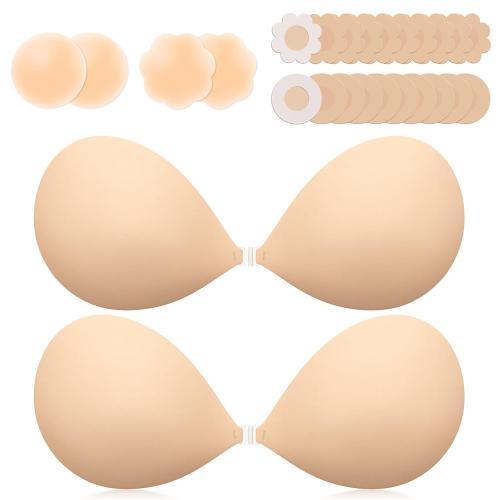 Invisible Sticky Bra Push Up, 2-Pack Adhesive Bra for Backless Dress, Silicone, Exotic Lingerie Accessories (D Cup, Beige, 2PCS)
