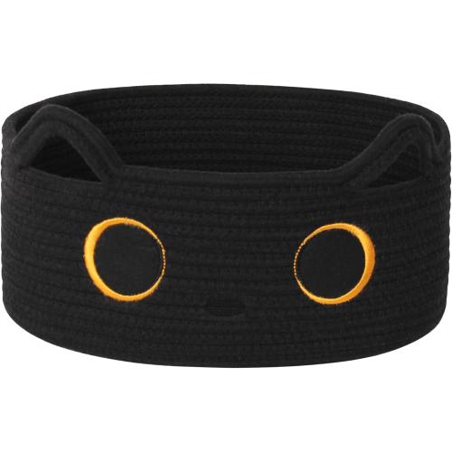 Black Cat Toy Basket, Small Woven Cat Toy Storage Box with Cute Ears Handle Indoor, Cotton Rope Storage Bin with Embroidered Face for Halloween Decor, Pet Bed, Nursery Kids Room Organization