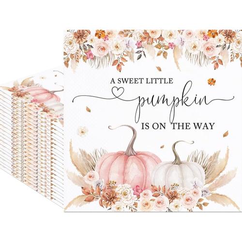 80Pcs Boho Pumpkin Baby Shower Paper Napkins Fall Autumn Thanksgiving Harvest Disposable Napkins Pumpkin Printed Decorative Napkins for Party Supplies Table Decor