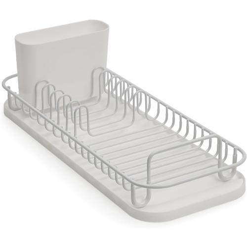 SunnyPoint 304 Stainless Steel NeverRust Compact Dish Drying Rack with Utensil Holder & Removable Drain Tray, Rustproof Small Dish Rack for Kitchen Countertop or Over Sink – White