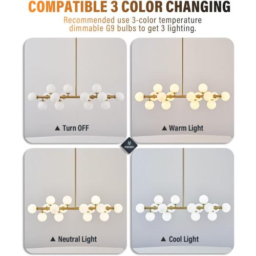 Glass Globe Sputnik Chandelier, 16-Light Mid Century Modern Light Fixture Over Table, Linear Chandeliers for Dining Room, Kitchen Island, Brass Gold and Milk White Bubble, 40 Inch, GC-02