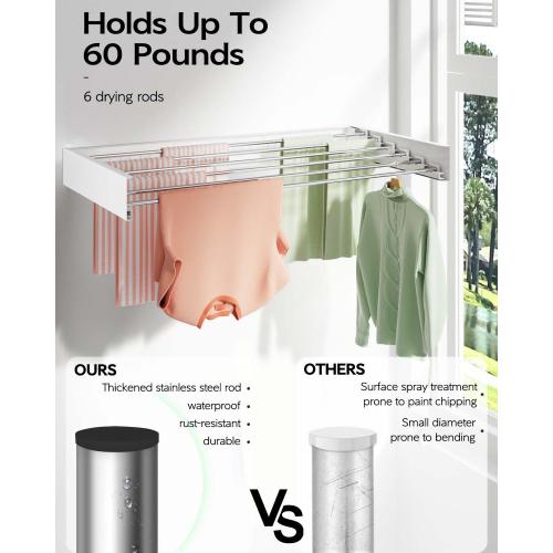 Wall Mounted Clothes Drying Rack 40 inches, Foldable Wall Mount Laundry Rack Folding Indoor, Drying Rack Clothing Collapsible, Hidden Space Saver with Wall Template, 6 Rods, White