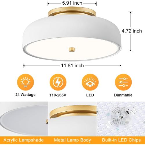 Dimmable LED Ceiling Light Fixture, 2700K-6000K 5CCT Modern Mid-Century Semi Flush Mount Ceiling Light, White Close to Ceiling Lamp for Kitchen, Laundry Room, Bedroom, Hallway, 11.8in