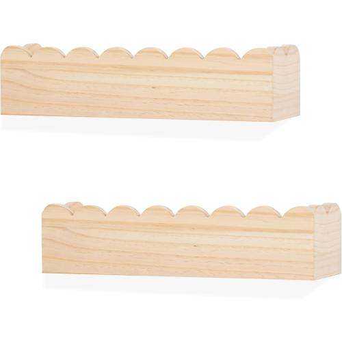 Wood Floating Shelves for Wall ,Nursery Bookshelf,Kids Book Shelf ,Baby Toys Storage Decor Organizer Wall Mounted for Living Room Bedroom,Wavy Edge,Preassembled,2 Pack,Scalloped Pine(Natural Wood)