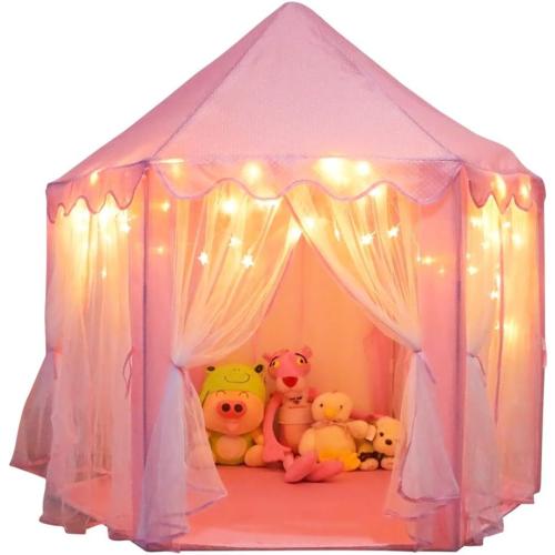 ORIAN Princess Castle Playhouse Tent for Girls with LED Star Lights – Indoor & Outdoor Large Kids Play Tent for Imaginative Games – ASTM Certified, 230 Polyester Taffeta. Pink 55x53.