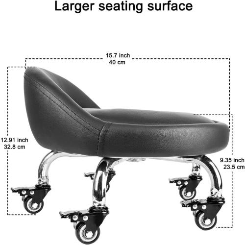 Rolling Stool with Backrest VAPAA TAIDE 450 Lbs High Weight Capacity PU Leather Roller Seat and Heavy-Duty Crystal Universal Wheels for Men Women Boy Girl Furniture Gift, Home Office Black