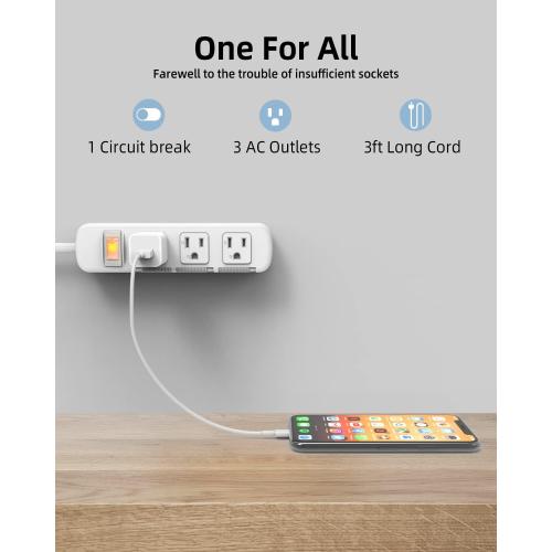 Flat Plug Power Strip Surge Protector 3 Outlets, Extension Cord 3 ft 3 Prong, 300J, 10A/1250W, Overload Protection Switch, Plug Strip for Home Office, Child Safety Slide Outlet Covers, SGS Approved