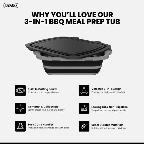 XL Collapsible BBQ Prep Tub with Cutting Board & Drain Plug – Portable Food Prep Station for Kitchen, Camping & Grill – Dishwasher Safe, Space-Saving Design – Heat-Resistant Glove Included (Black)