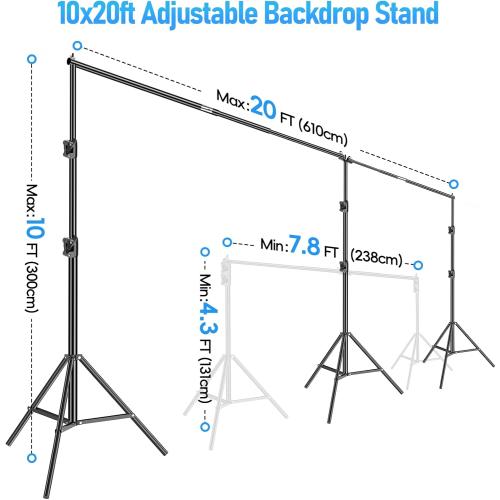 EMART Back Drop Adjustable Stand, 10x20 Backdrop Stand Heavy Duty Photography Background Support System Kit with 300° Angle Rotatable Connector and 8 Spring Clamps for Parties, Wedding, Photo Studio