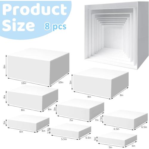 8PCS Buffet Risers, Food Risers for Buffet Table, Display Stand for Catering Dessert, White Acrylic Cube Boxes Nesting Risers for Cupcake Candy Food, Parties, Brunch (10'',9'',8'',7,6.5,6,5.5,5)