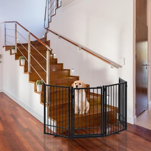 Metal Freestanding Dog Gate with Door, Extra Wide 81, 31 Height Foldable Dog Gates for Doorways, Tall Pet Fence Indoor Outdoor Pet Gates, 4 Panels Pet Barrier for Stairs Hallways, Black