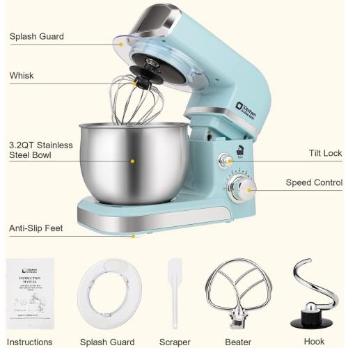 Kitchen in the box Stand Mixer,3.2Qt Small Electric Food Mixer,6 Speeds Portable Lightweight Kitchen Mixer for Daily Use with Egg Whisk,Dough Hook,Flat Beater (Blue)