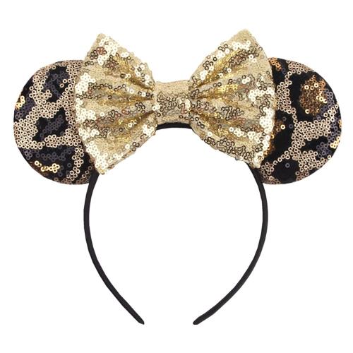 Foeran Mouse Ears Headbands Shiny Bows Mouse Ears Glitter Party Princess Decoration Cosplay Costume for Girls Women (Leopard/Gold)