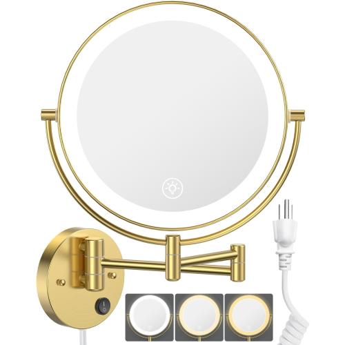 9 Wall Mounted LED Makeup Mirror, 1X/10X Magnifying Mirror Corded, Gold | Large Size, Plug-in, Not Battery Operated, 2-Sided Vanity Mirror, Extended Arm, 3 Color Lights, 360° Swivel, Touch Dimmable