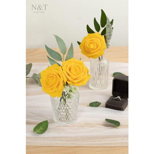 N&T NIETING Artificial Flowers, 25Pcs Fake Flowers Fall Roses Perfect for DIY Wedding Bouquets Centerpieces Bridal Shower Party Home Flower Arrangement Decorations, Gold