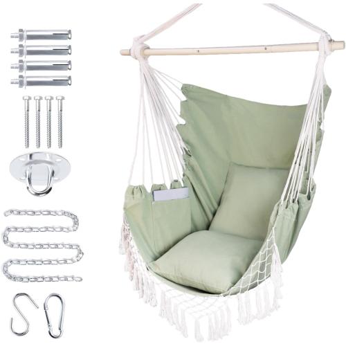 Hammock Chair Hanging Rope Swing Chair,Max 450 Lbs, Large Hanging Chair with Pocket, 2 Cushions, Steel Bar with Anti-Slip Rings, Hardware Kit Included, Comfortable for Indoor Outdoor (Green)