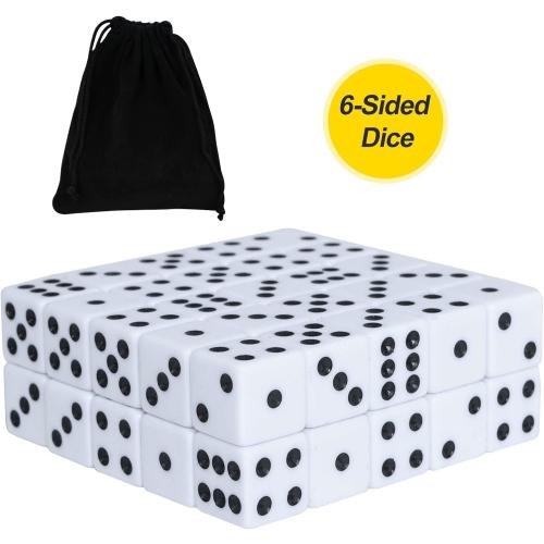 50 Pack 16MM White Dice - Six Sided Standard Opaque White Dice with Black Pips Dots for Board Games