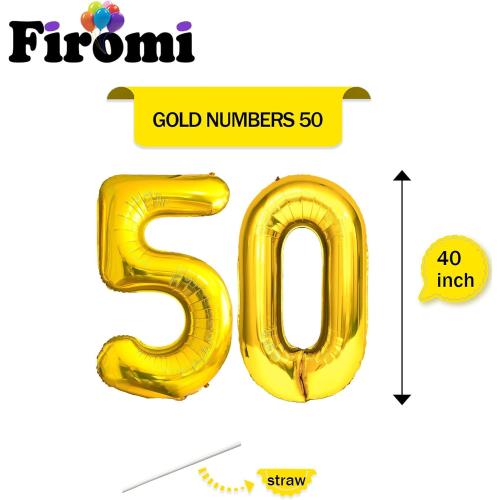FIROMI 50 Number Balloons Gold Big Giant Jumbo Huge Foil Mylar 50 Balloon Numbers for 50th Birthday Party Anniversary Events Decorations 40-inches