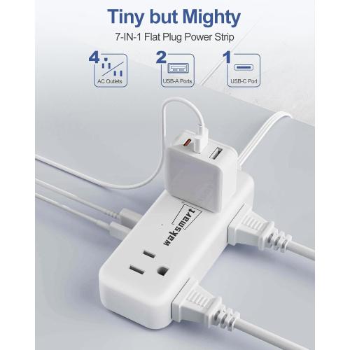 Flat Extension Cord 6 Feet - 4 AC Outlets 3 USB Ports (5V/3.4A 17W), Flat Plug Power Strip Compact for College Dorm, Travel, Cruise, Home, Office