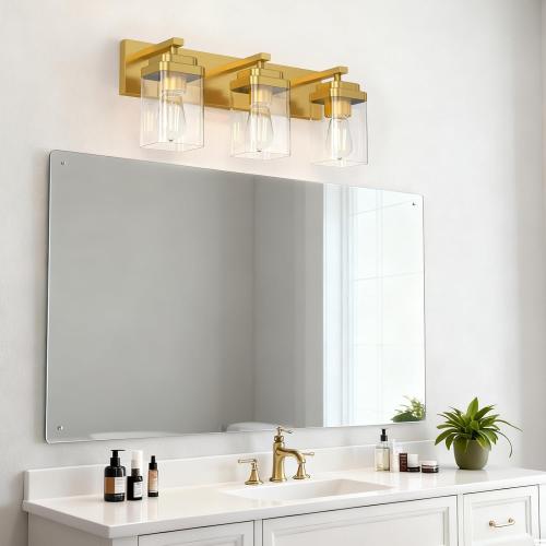 Brushed black Bathroom Light Fixtures, 3 Lights Bathroom Lighting Fixtures Over Mirror, Square Design & Rectangle Large Backplate, Modern Vanity Lighting Fixtures, for Living Room/Bedroom