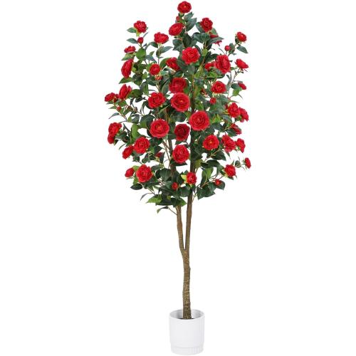 Artificial Camellia Tree 6FT – Faux Plants Indoor, with Easy Assembly, Low Maintenance, Ideal for Both Indoor Decoration and Other Purposes，Perfect Porch Christmas Trees (Red 6ft)