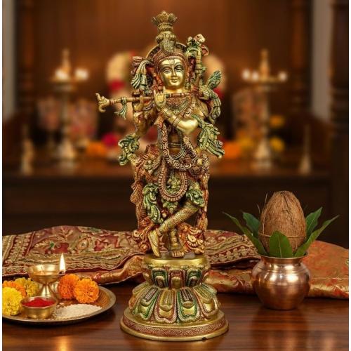 eSplanade Brass Krishna Kishan Murti Idol Statue Sculpture | Pooja Idols | Home Decor (15 Inch)