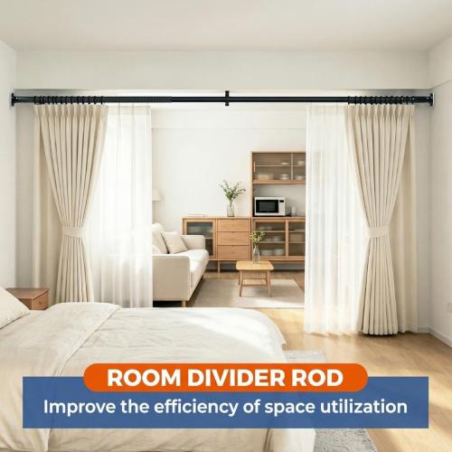 Tension Curtain Rods 51-86 Inch(5-7.17Ft),Shower Curtain Rods No Drilling,Heavy Duty tension rod for Bathroom Windows Room Divider Outdoor Patio,Easy Install,Never Rust,Diameter 1.26 In-Black