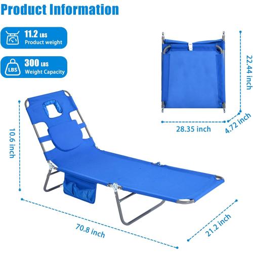 SUNNYFEEL Lay Flat Tanning Chair with Face Down Hole & Arm Slots, Backpack Beach Lounge Chair, 5-Position Folding Sunbathing Chair, 300 LBS Heavy Duty, 72 L x 22 W for Beach, Pool, Camping