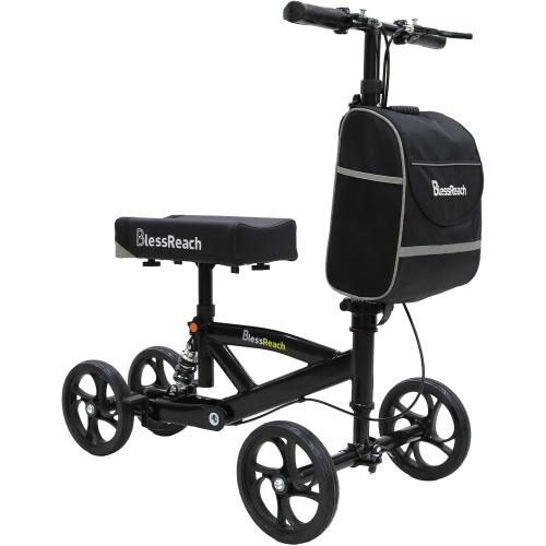 Steerable Knee Walker Deluxe Medical Scooter for Foot Injuries Compact Crutches, with Dual Rear on-Wheel Brake and Shock Absorption Under The Knee pad, Black