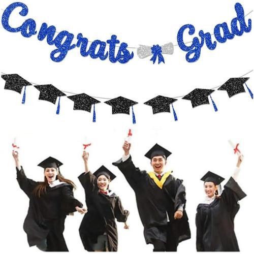 Congrats Grad Banner - 2 Pcs Glitter Congrats Grad with Tassel for Graduation Party DIY Decorations, Class of 2025/2026 Graduation Decorations Party Supplies, Blue and Black